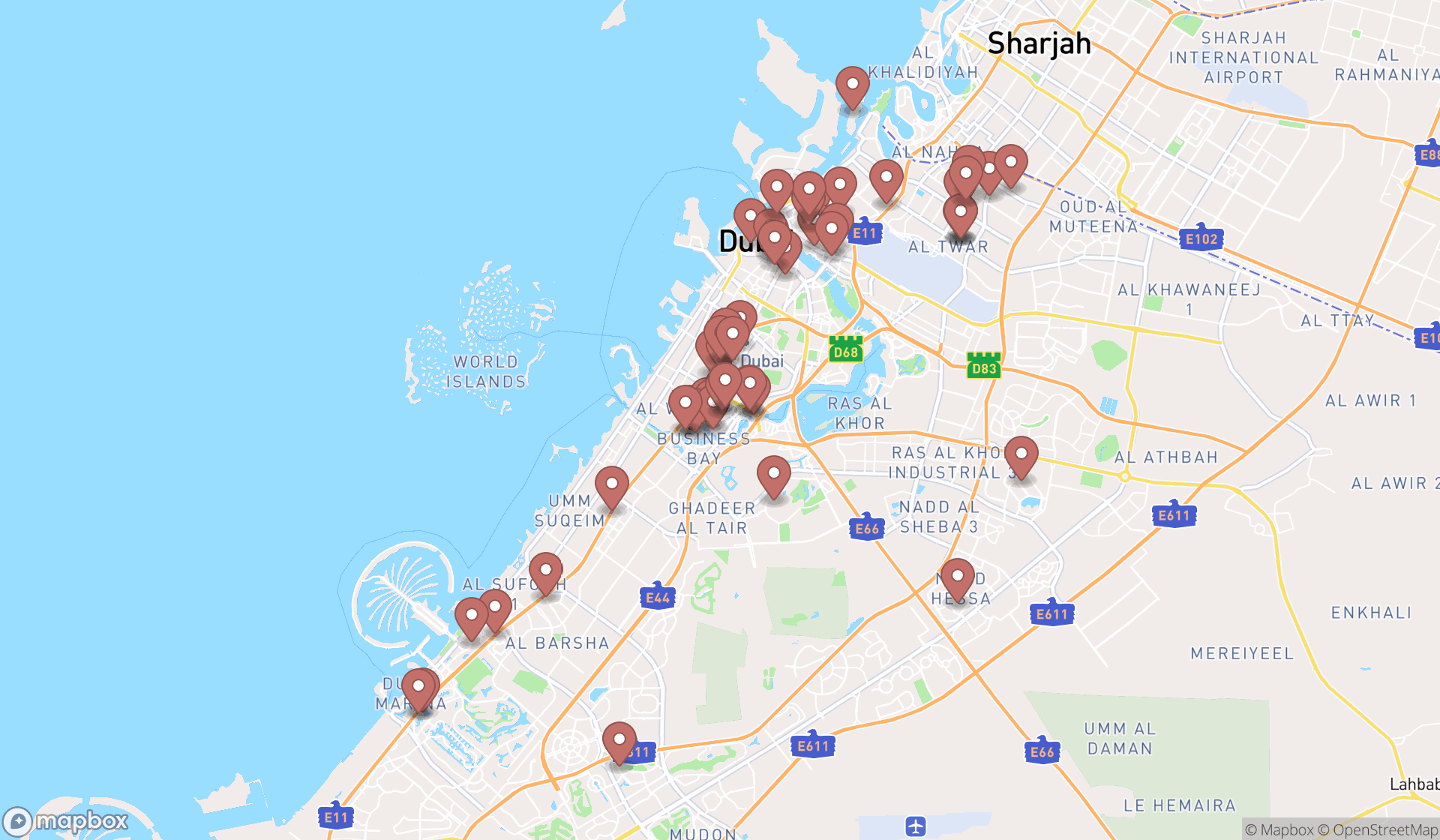 Map showing the search results in Dubai