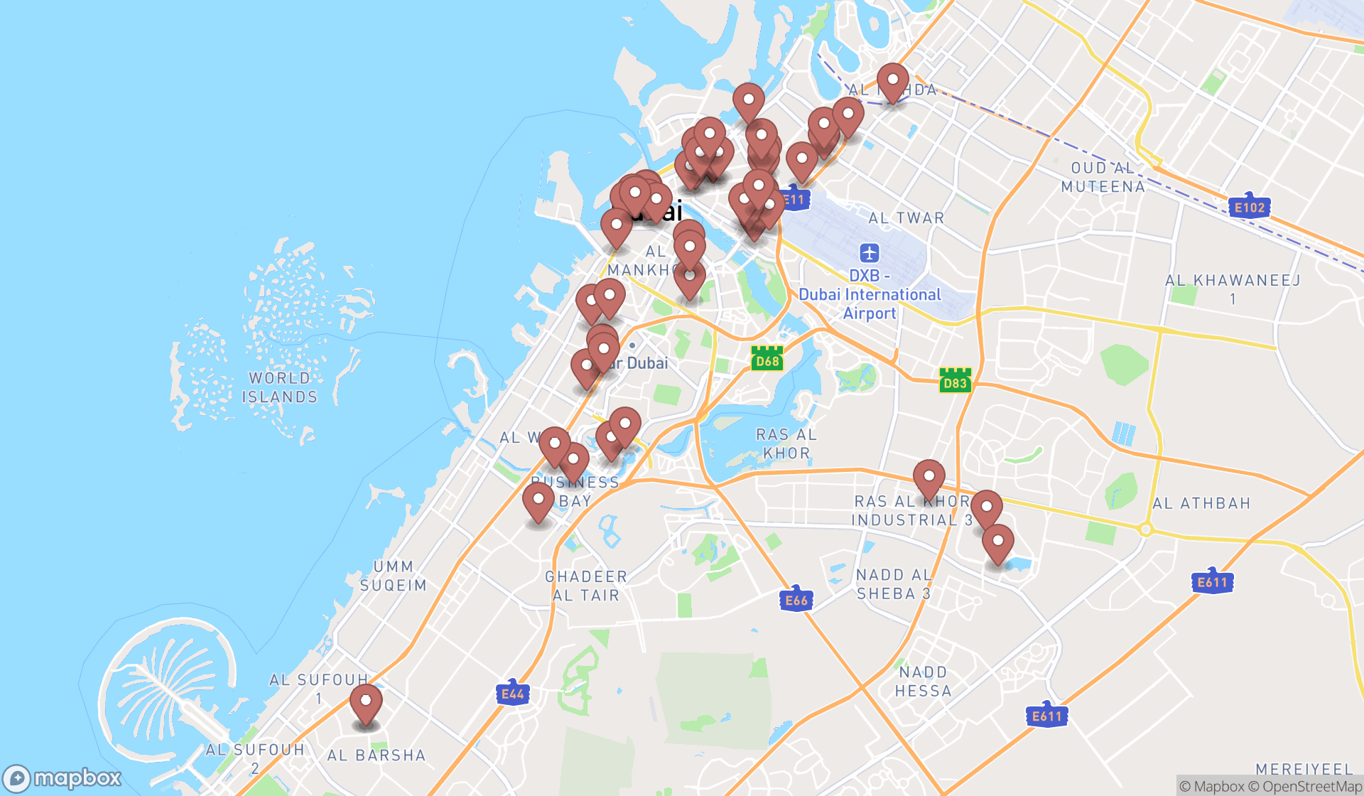 Map showing the search results in Dubai