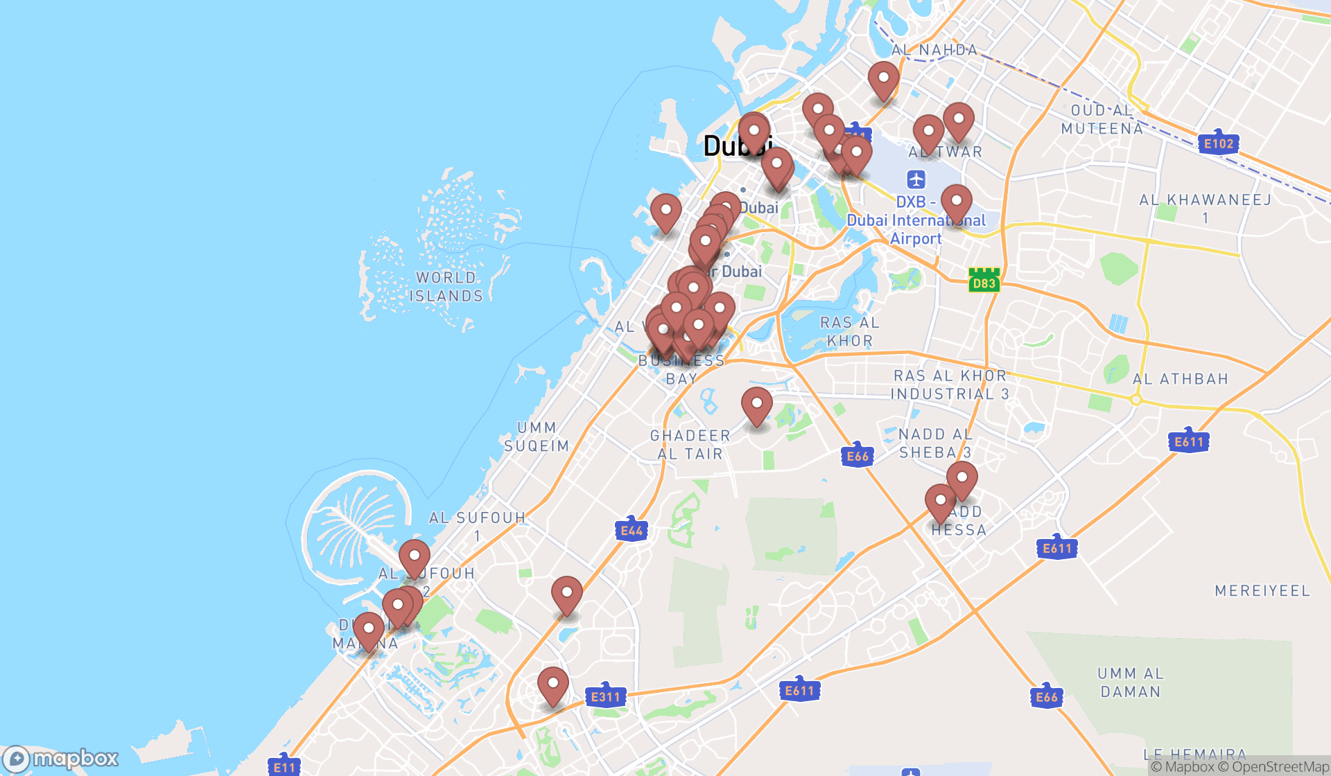 Map showing the search results in Dubai
