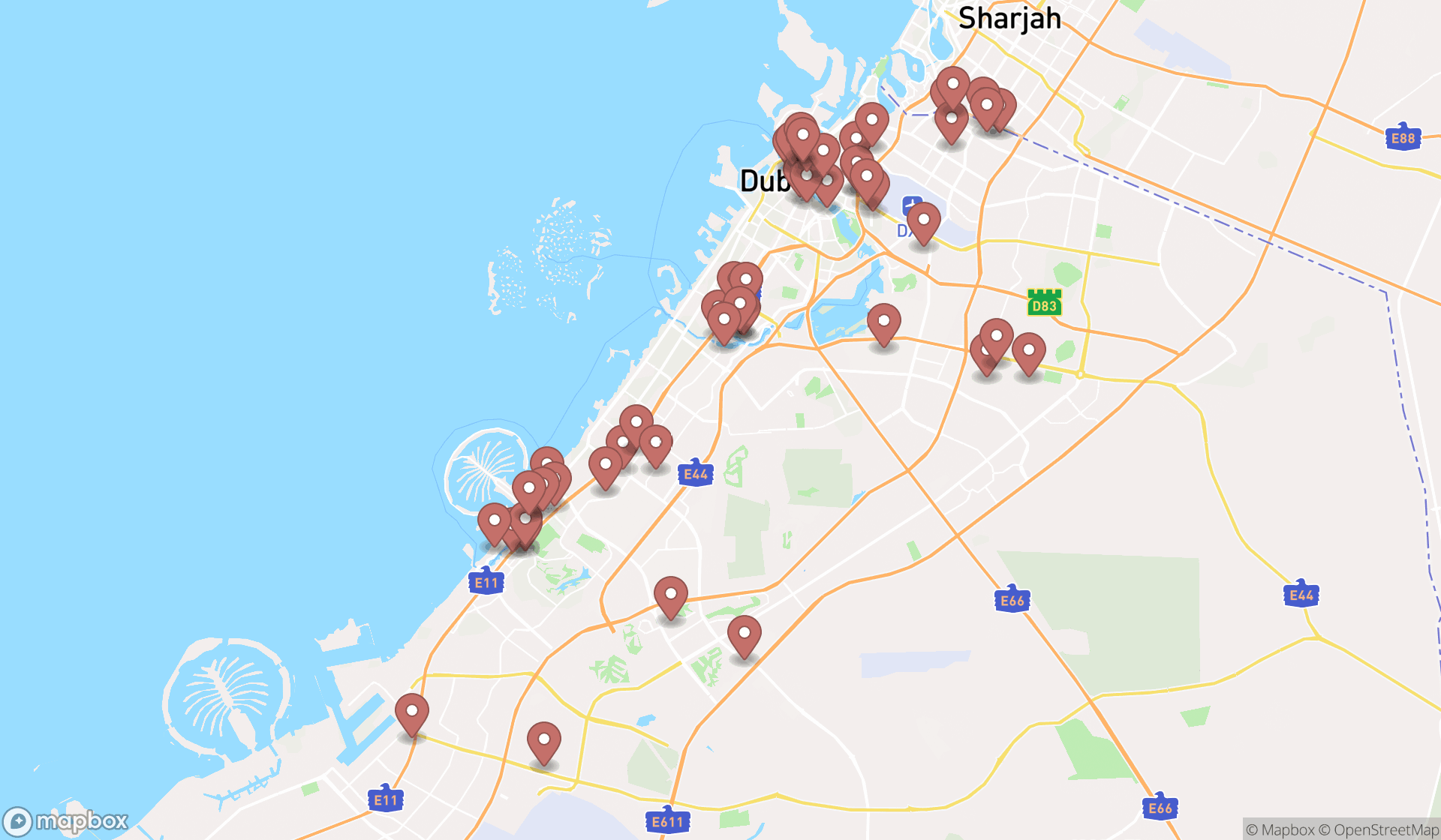 Map showing the search results in Dubai