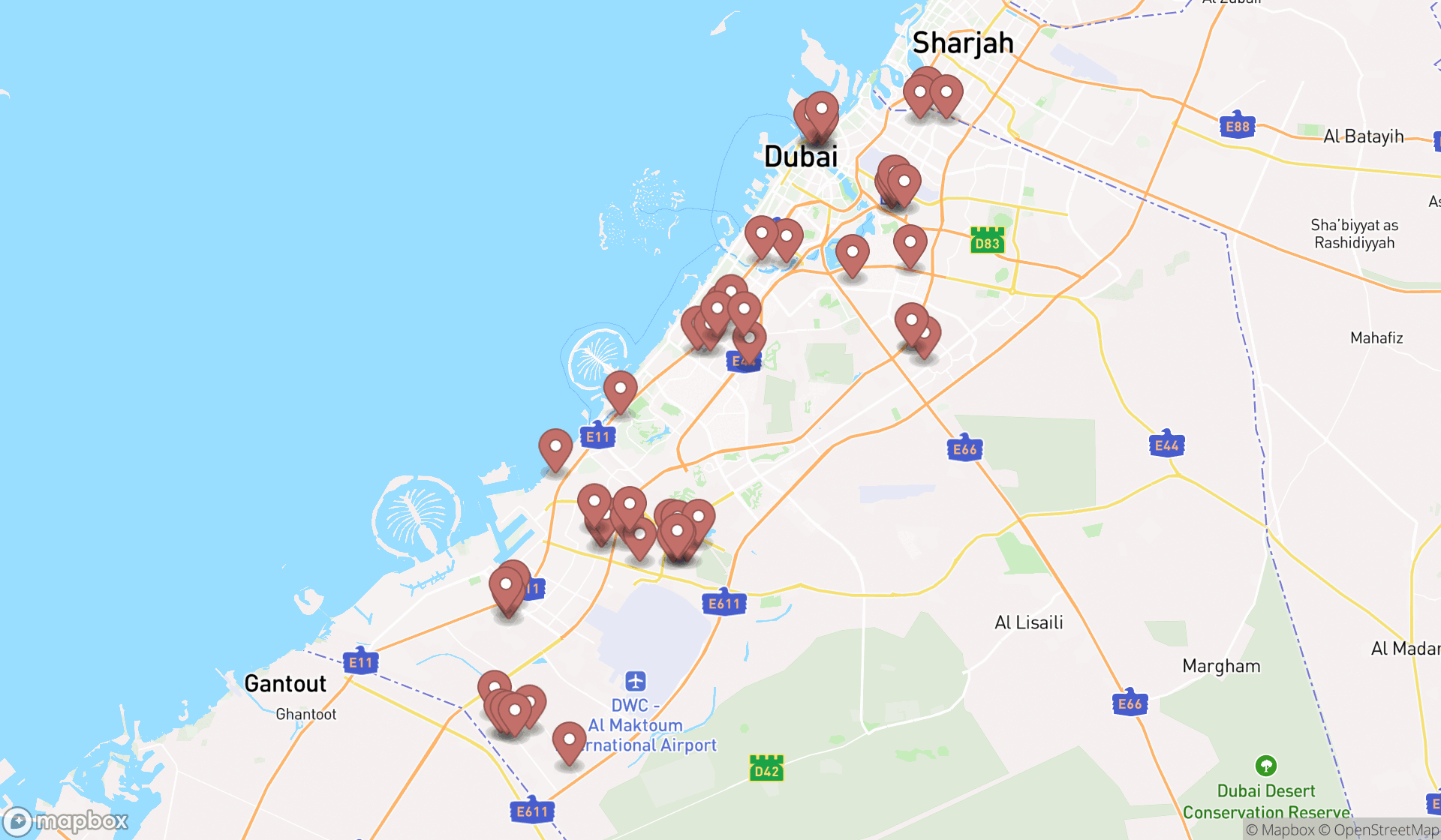 Map showing the search results in Dubai