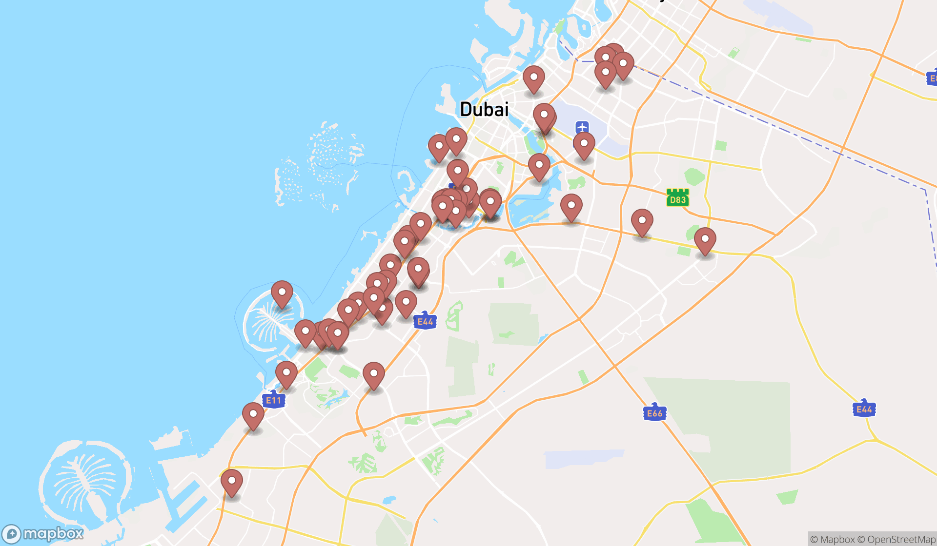 Map showing the search results in Dubai