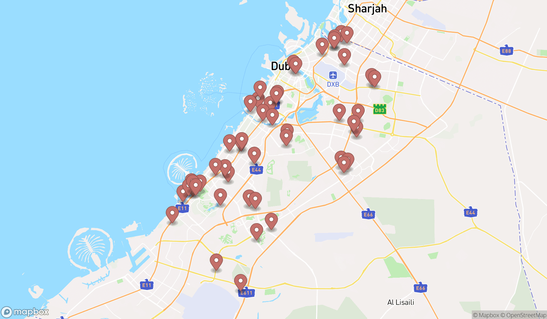 Map showing the search results in Dubai