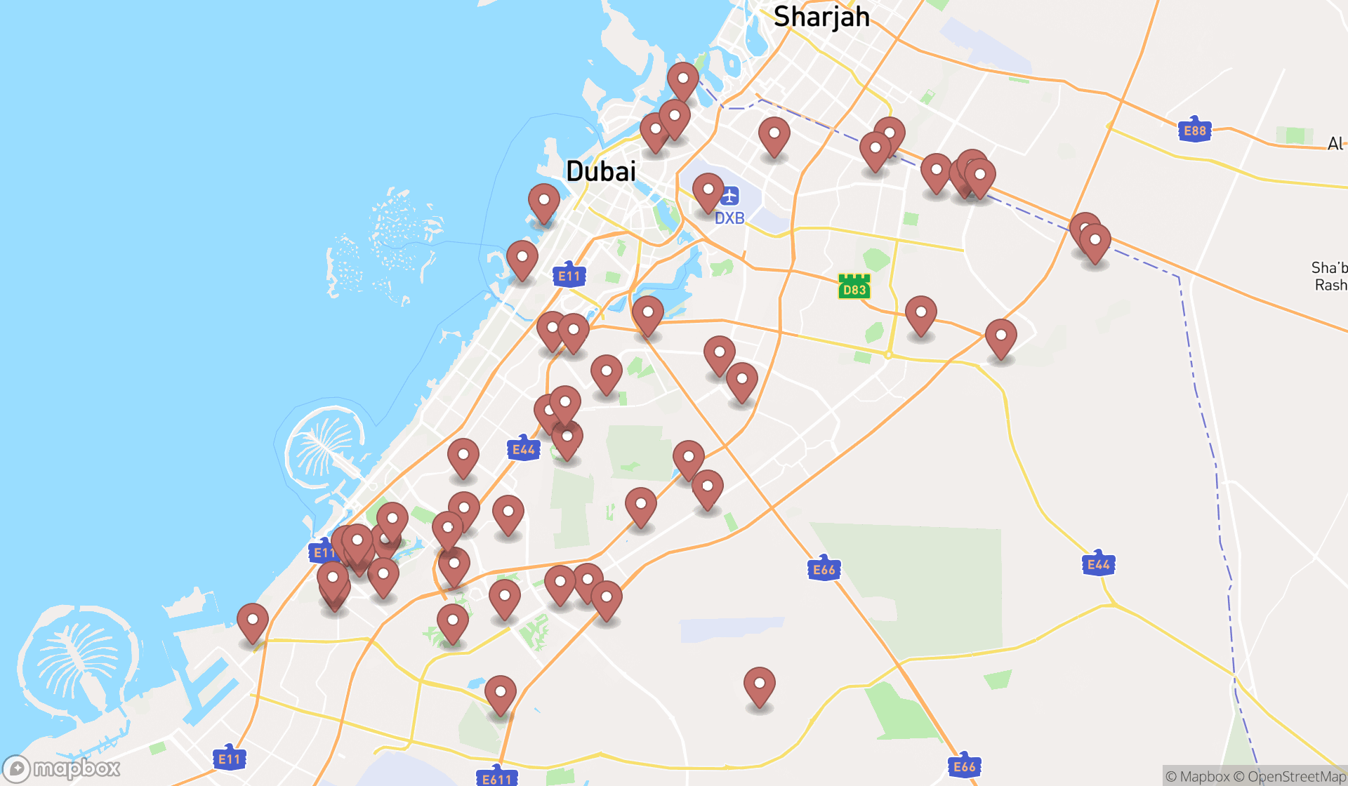 Map showing the search results in Dubai
