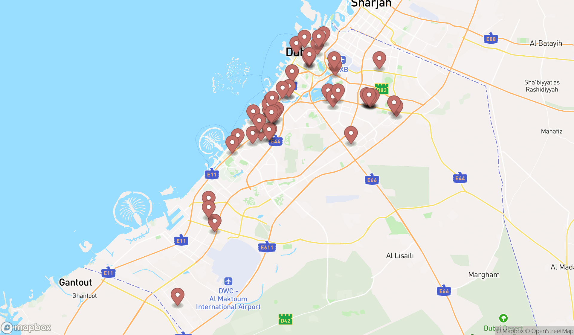 Map showing the search results in Dubai