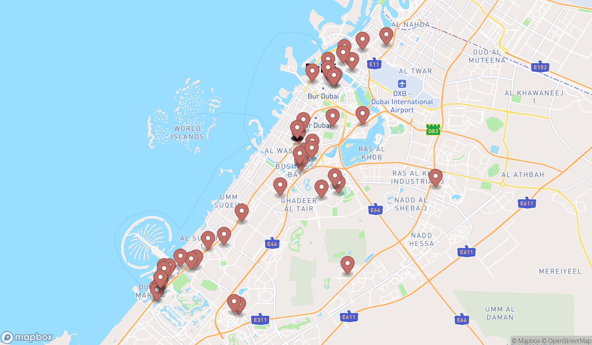 Map showing the search results in Dubai