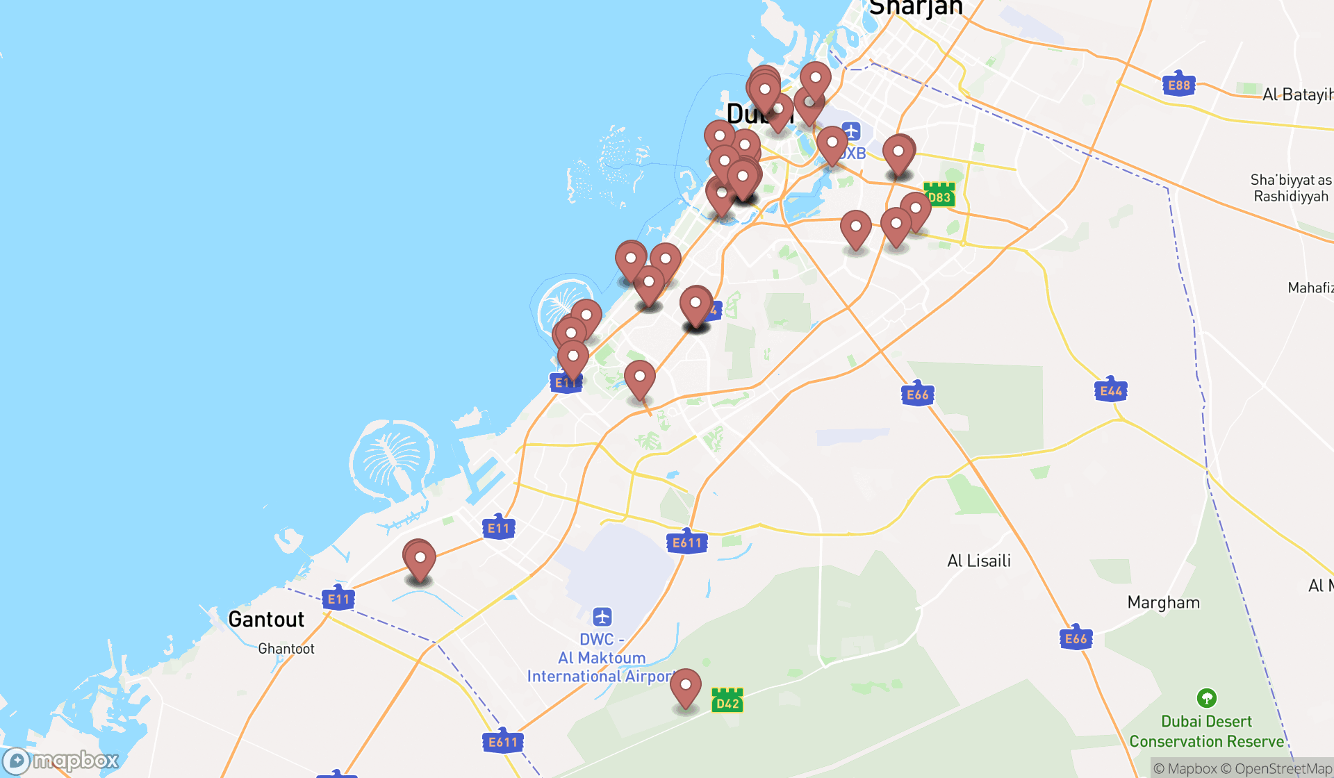Map showing the search results in Dubai