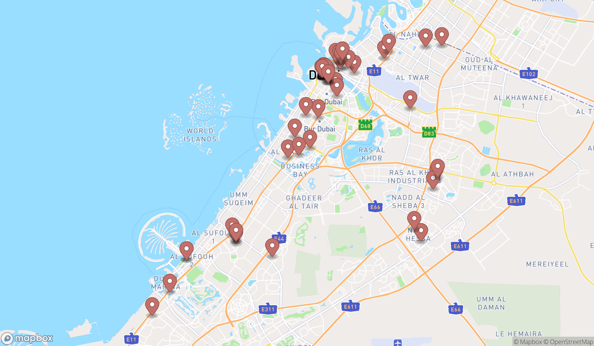 Map showing the search results in Dubai