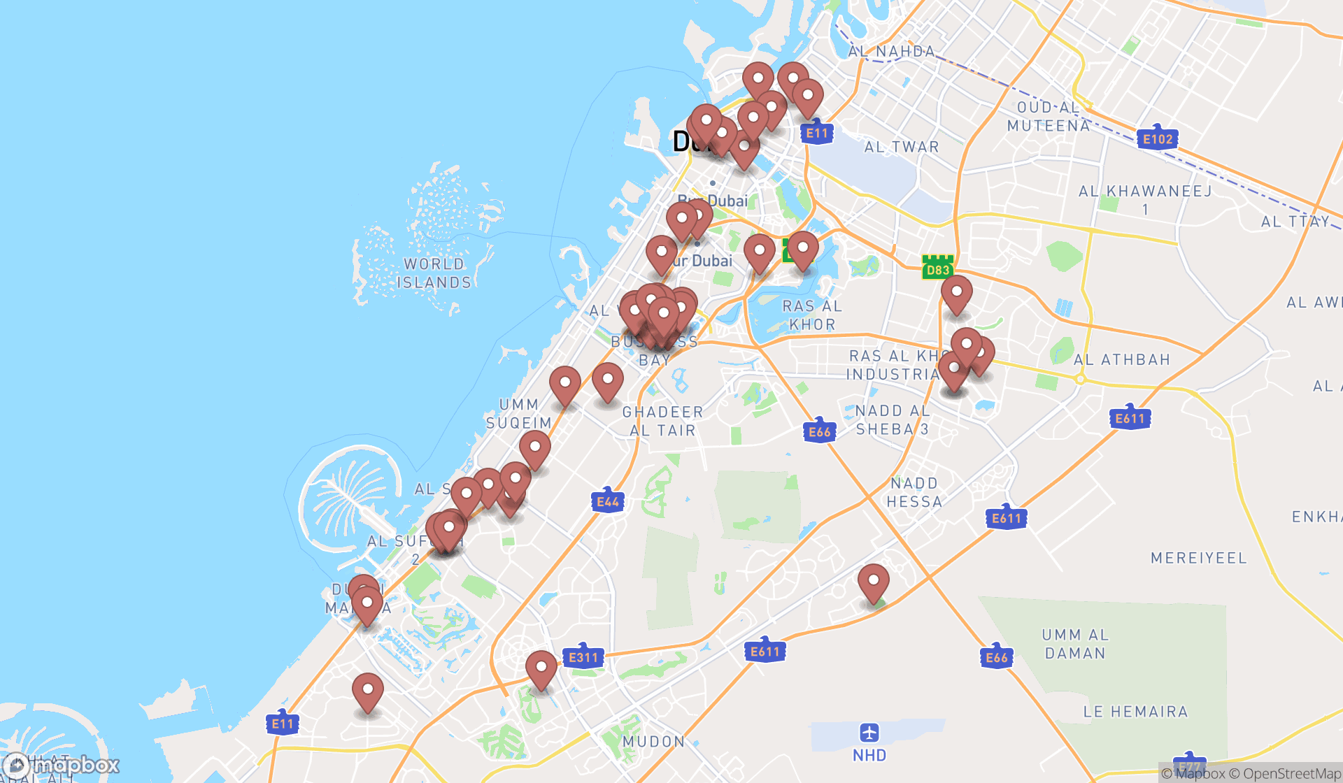 Map showing the search results in Dubai