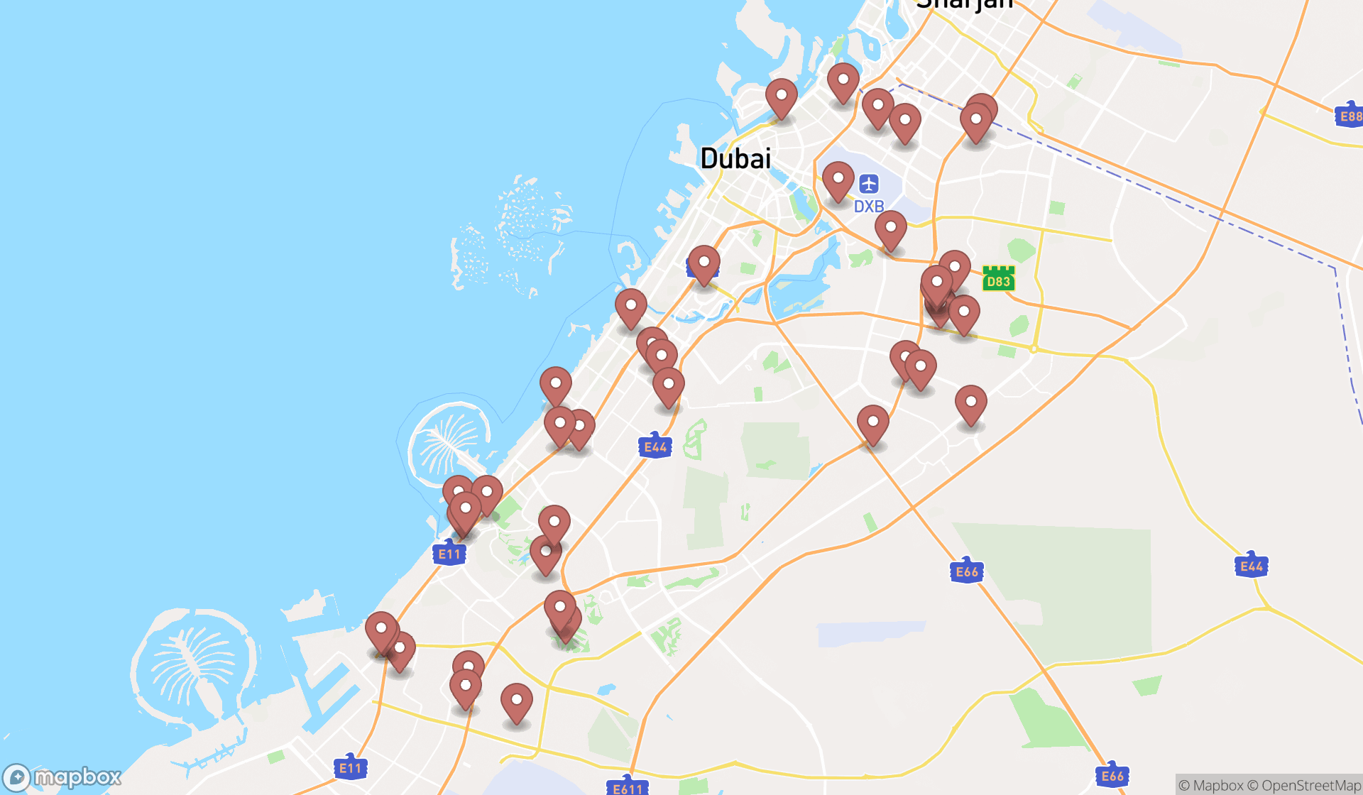 Map showing the search results in Dubai