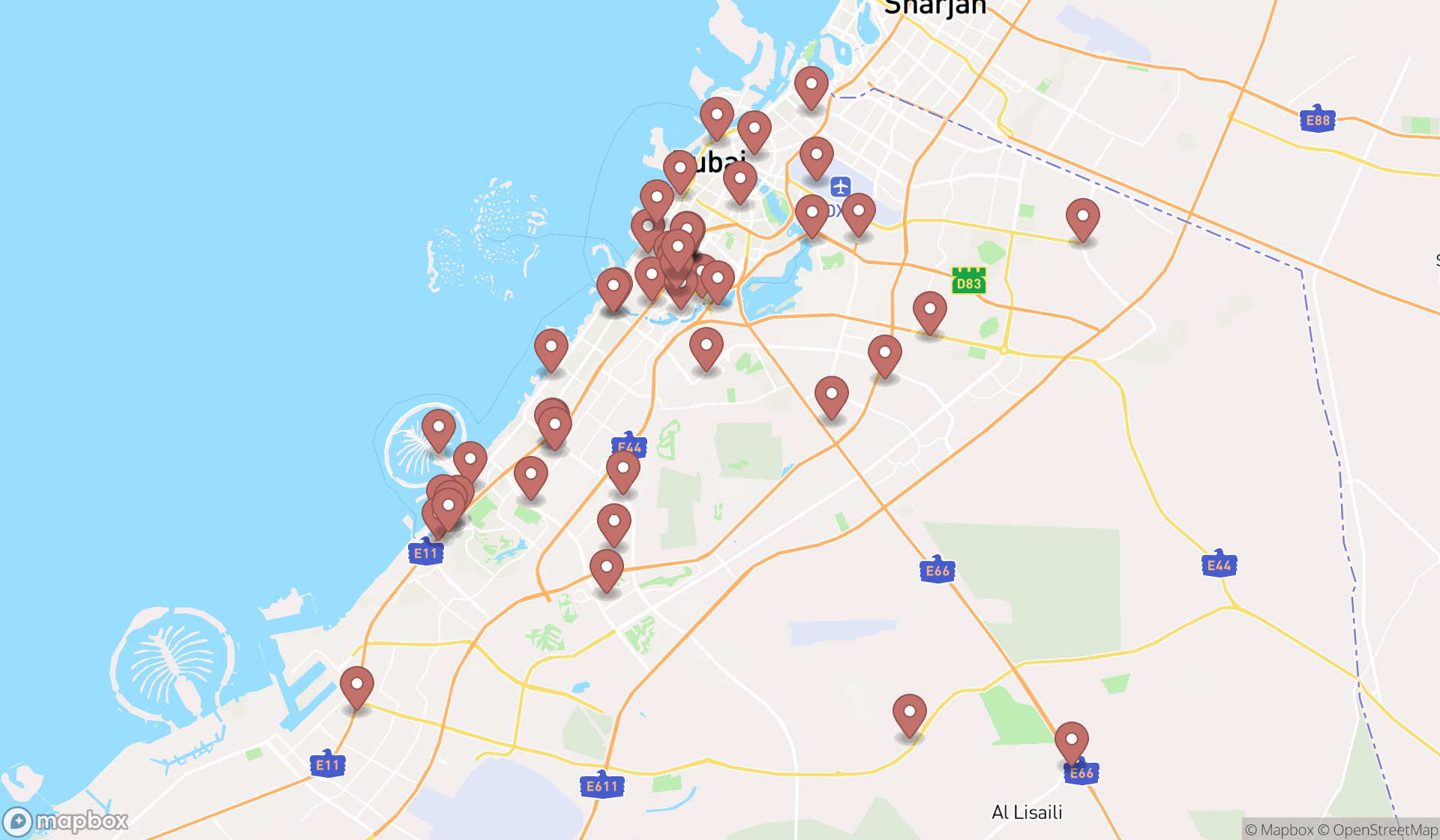 Map showing the search results in Dubai