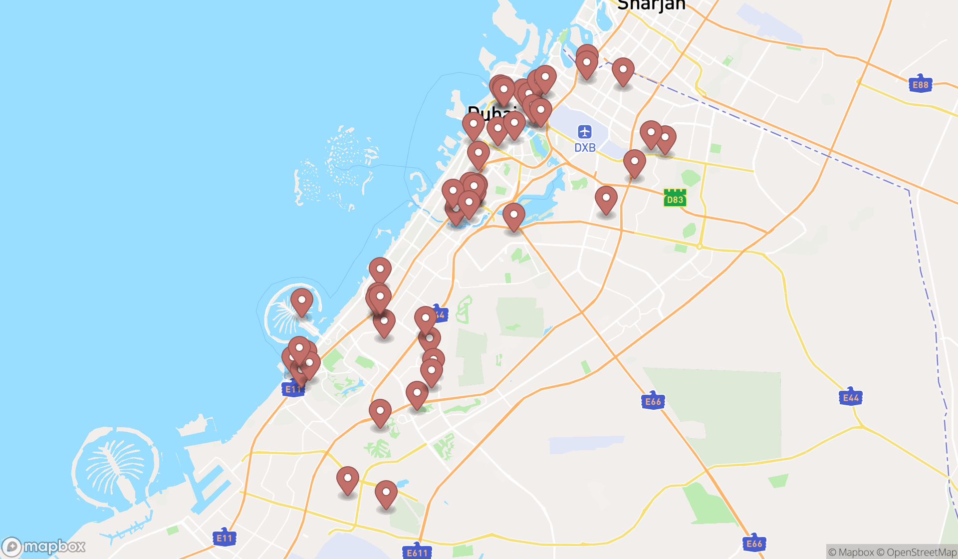 Map showing the search results in Dubai