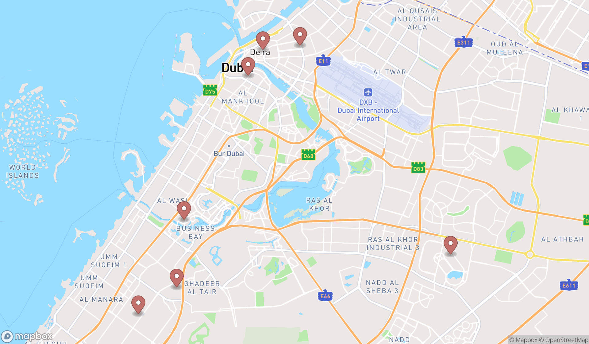 Map showing the search results in Dubai