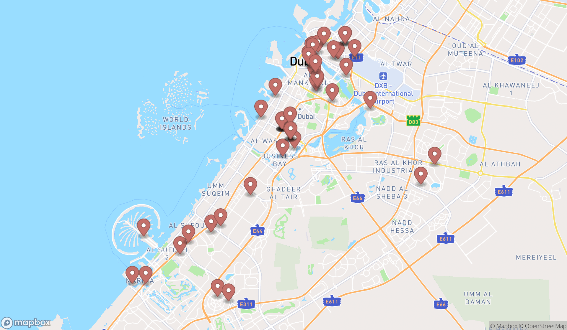 Map showing the search results in Dubai