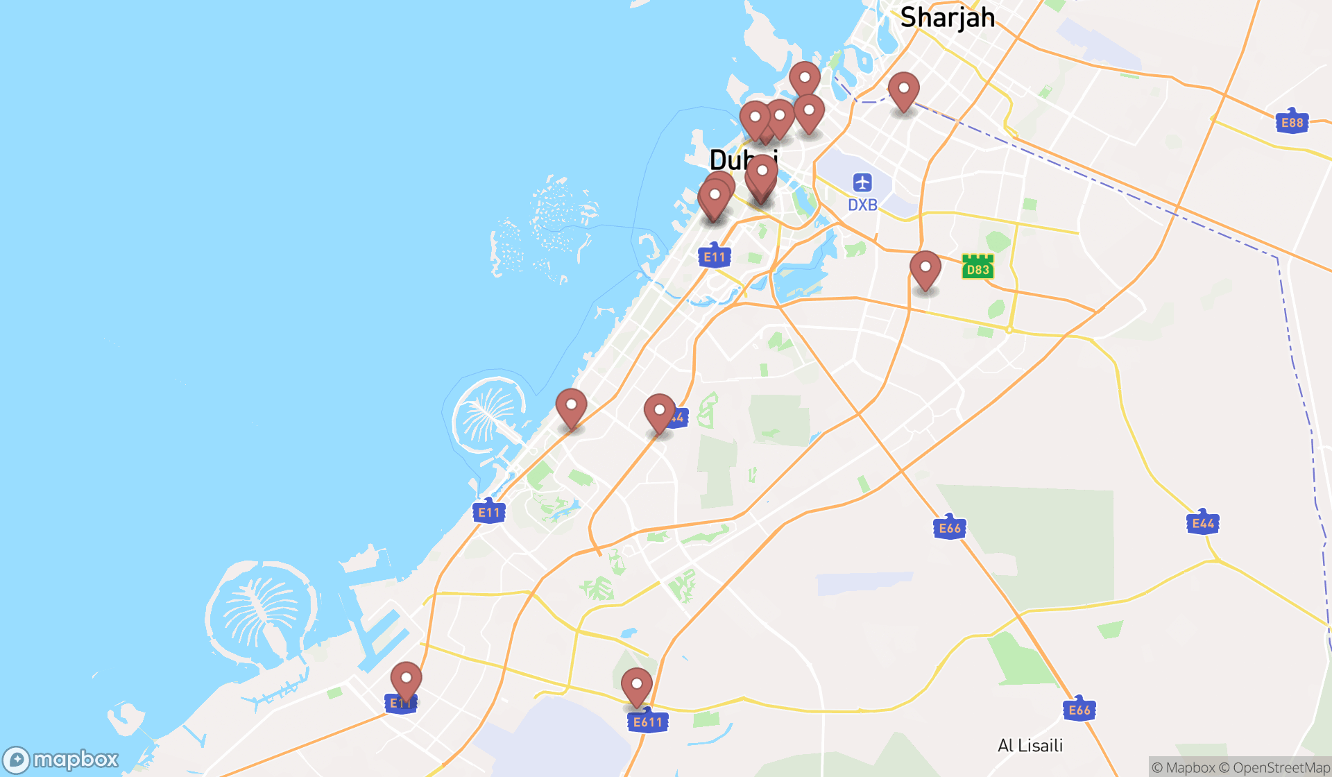 Map showing the search results in Dubai