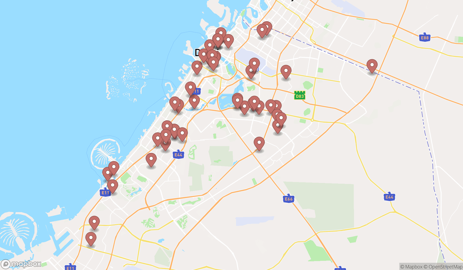 Map showing the search results in Dubai