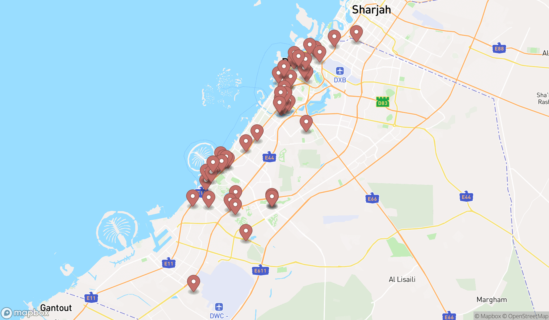 Map showing the search results in Dubai