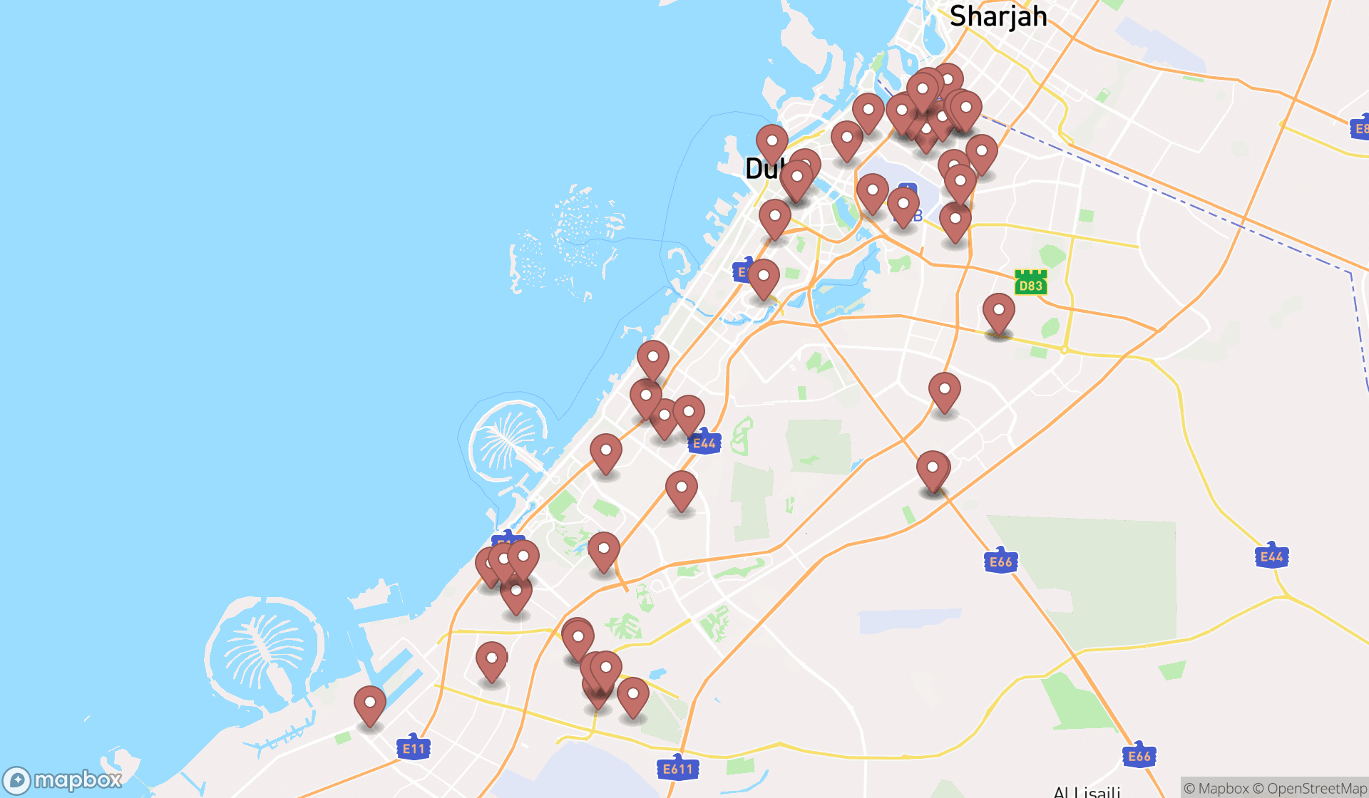 Map showing the search results in Dubai