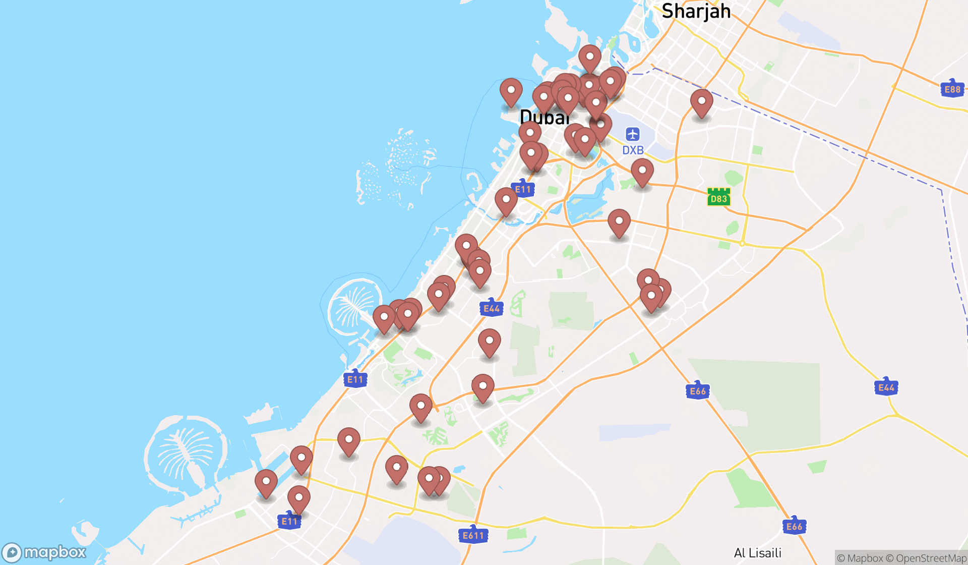 Map showing the search results in Dubai