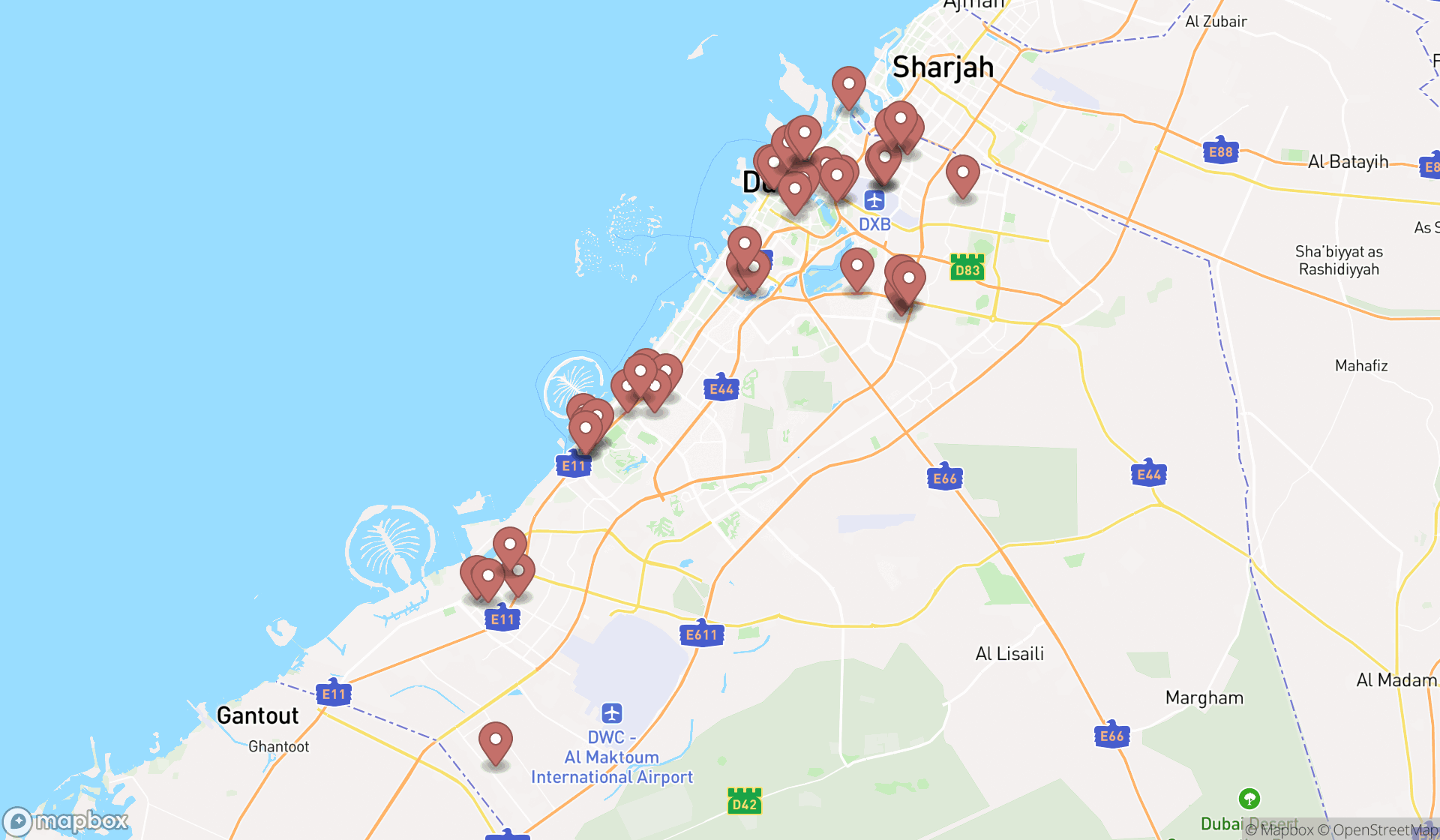 Map showing the search results in Dubai