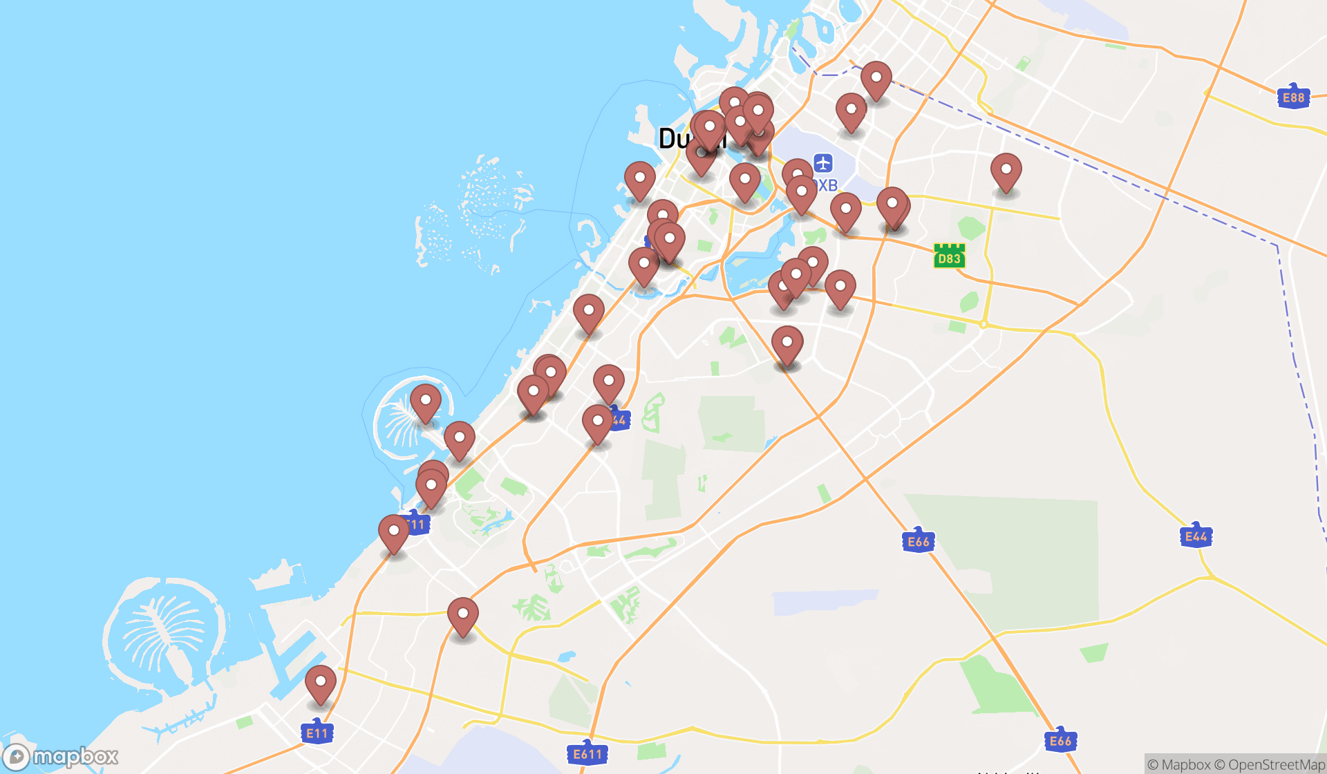 Map showing the search results in Dubai