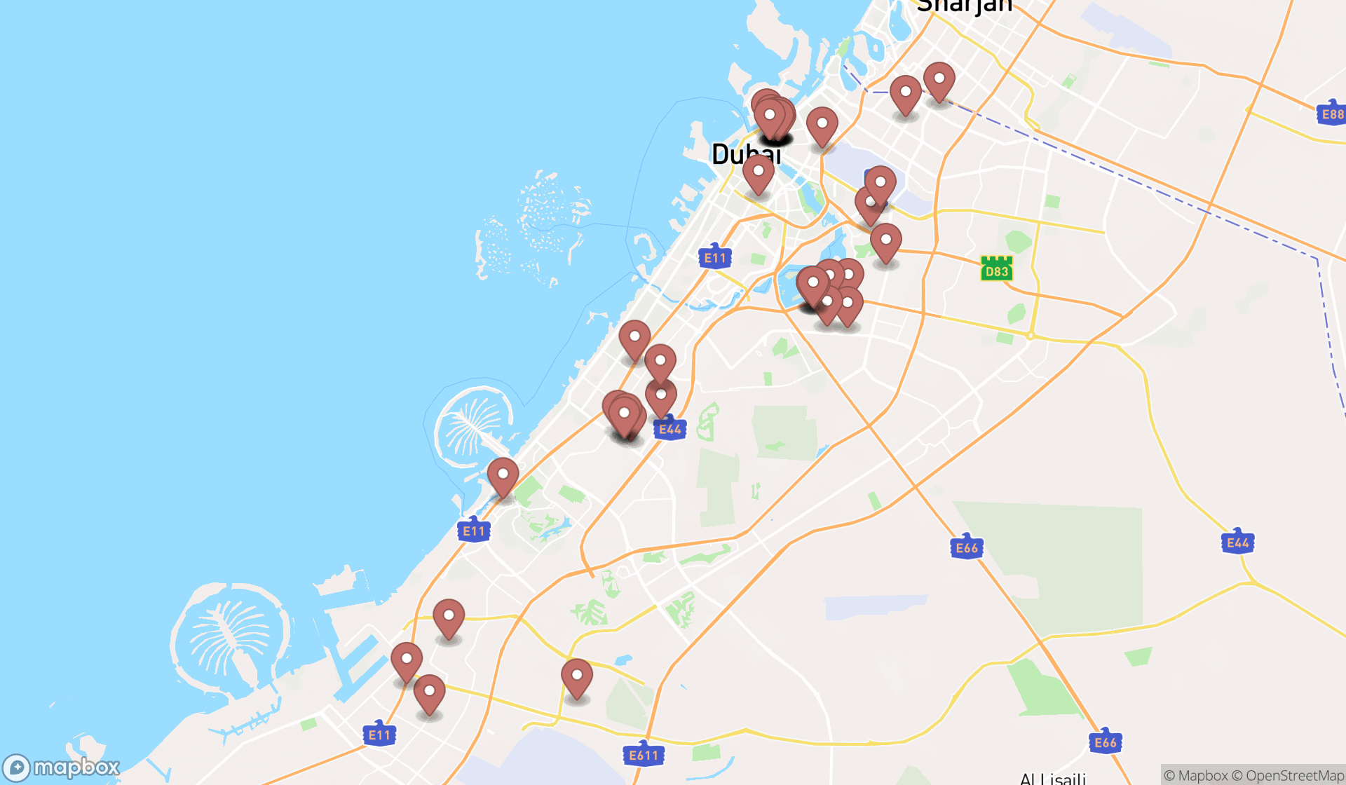 Map showing the search results in Dubai