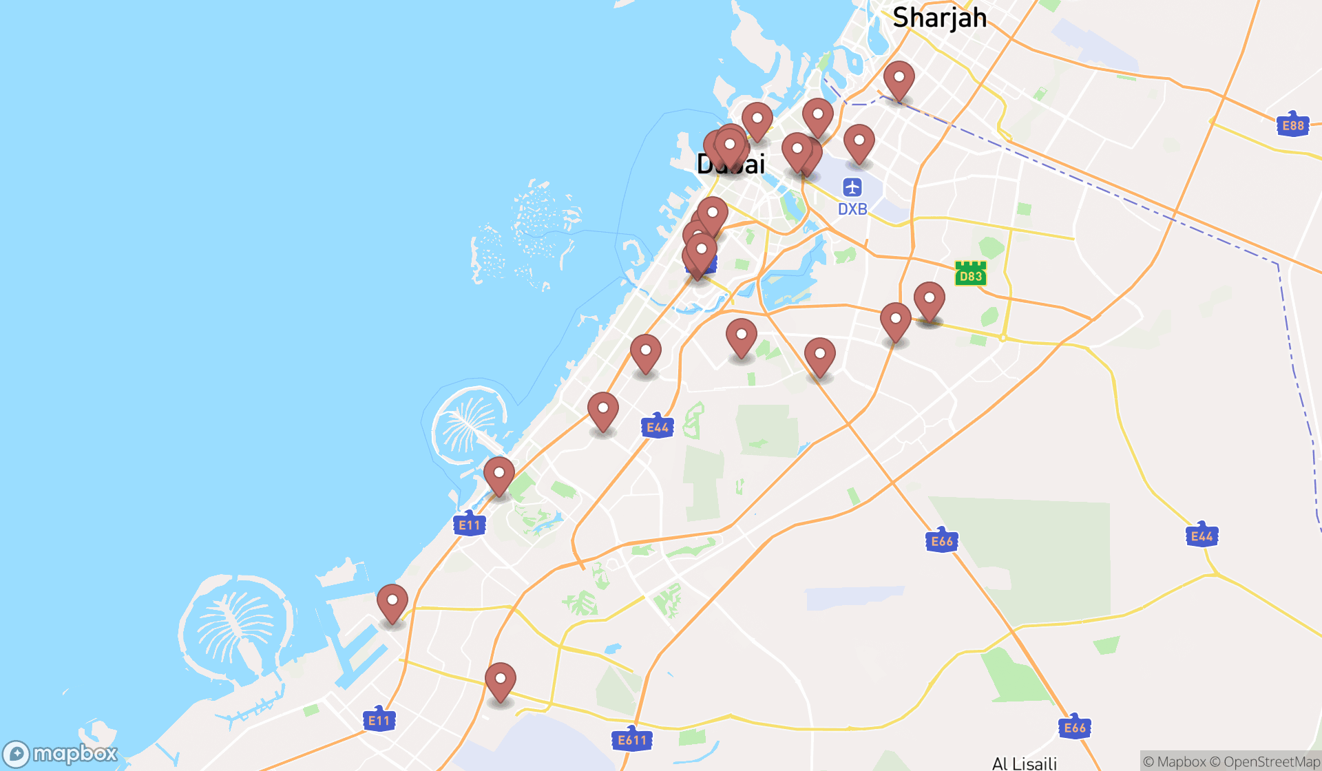 Map showing the search results in Dubai