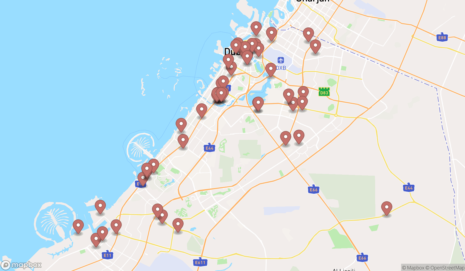 Map showing the search results in Dubai