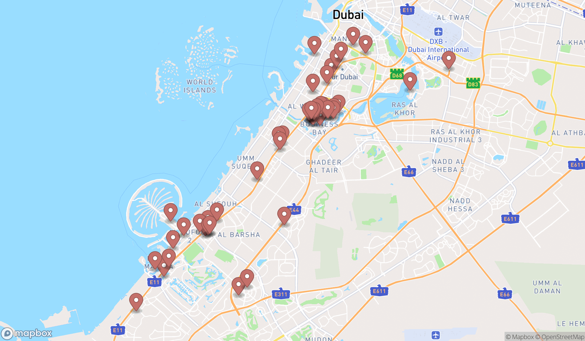 Map showing the search results in Dubai