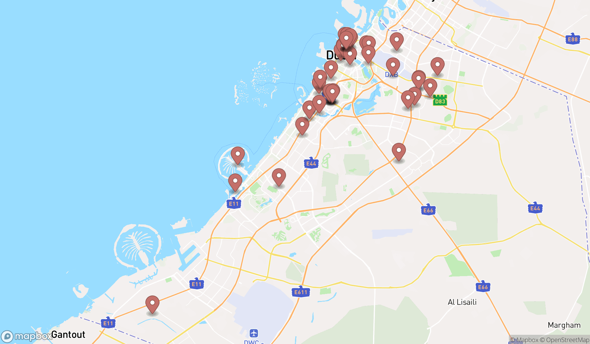 Map showing the search results in Dubai