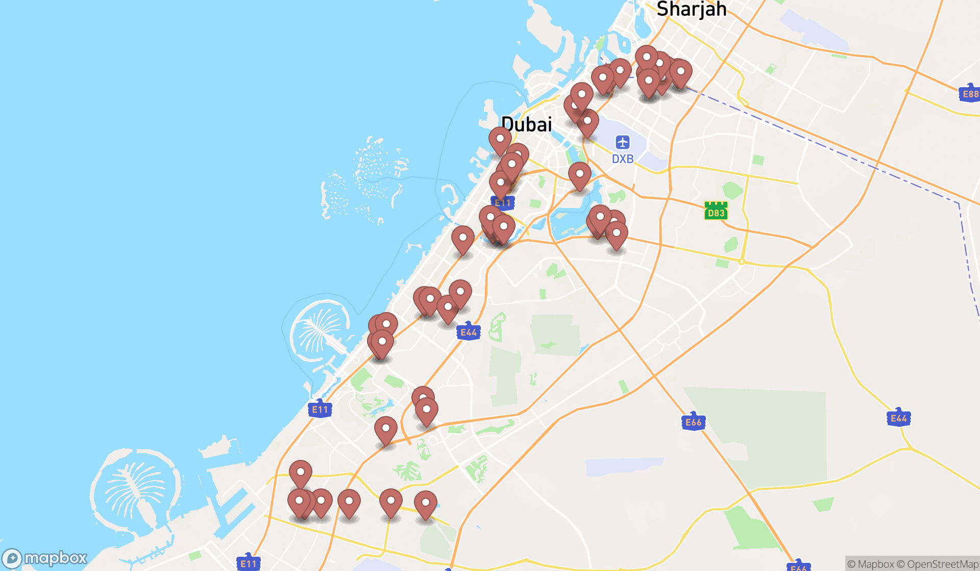 Map showing the search results in Dubai