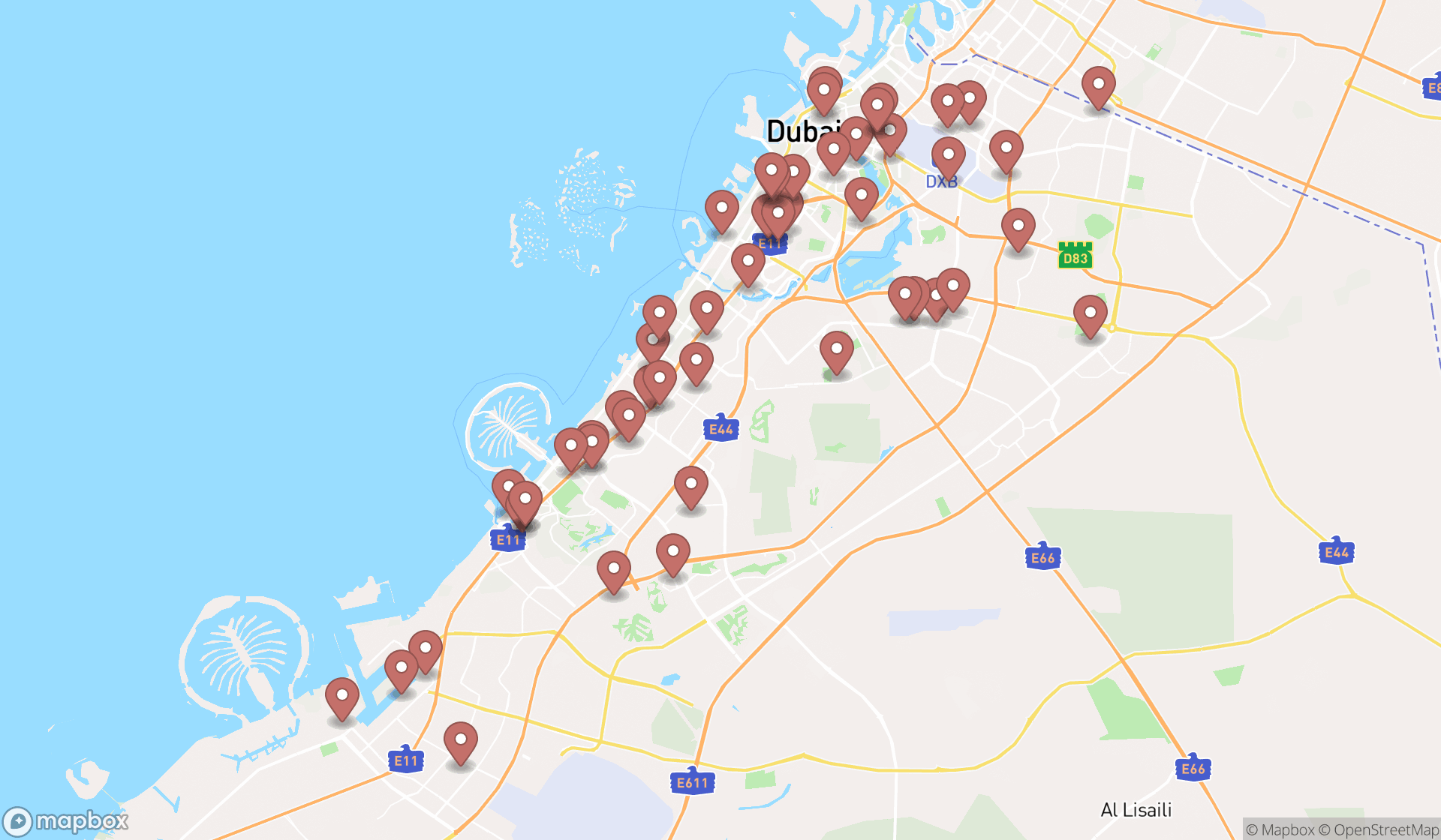 Map showing the search results in Dubai