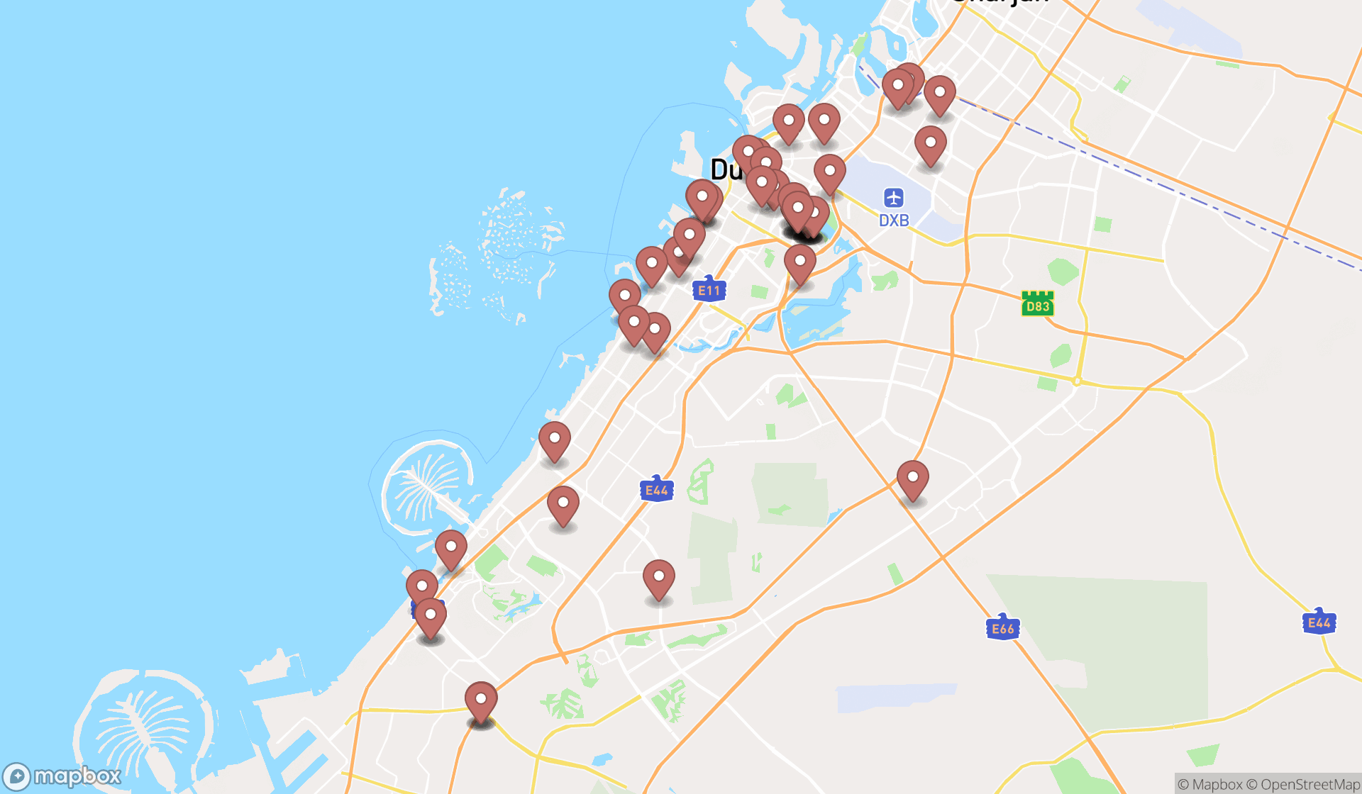 Map showing the search results in Dubai