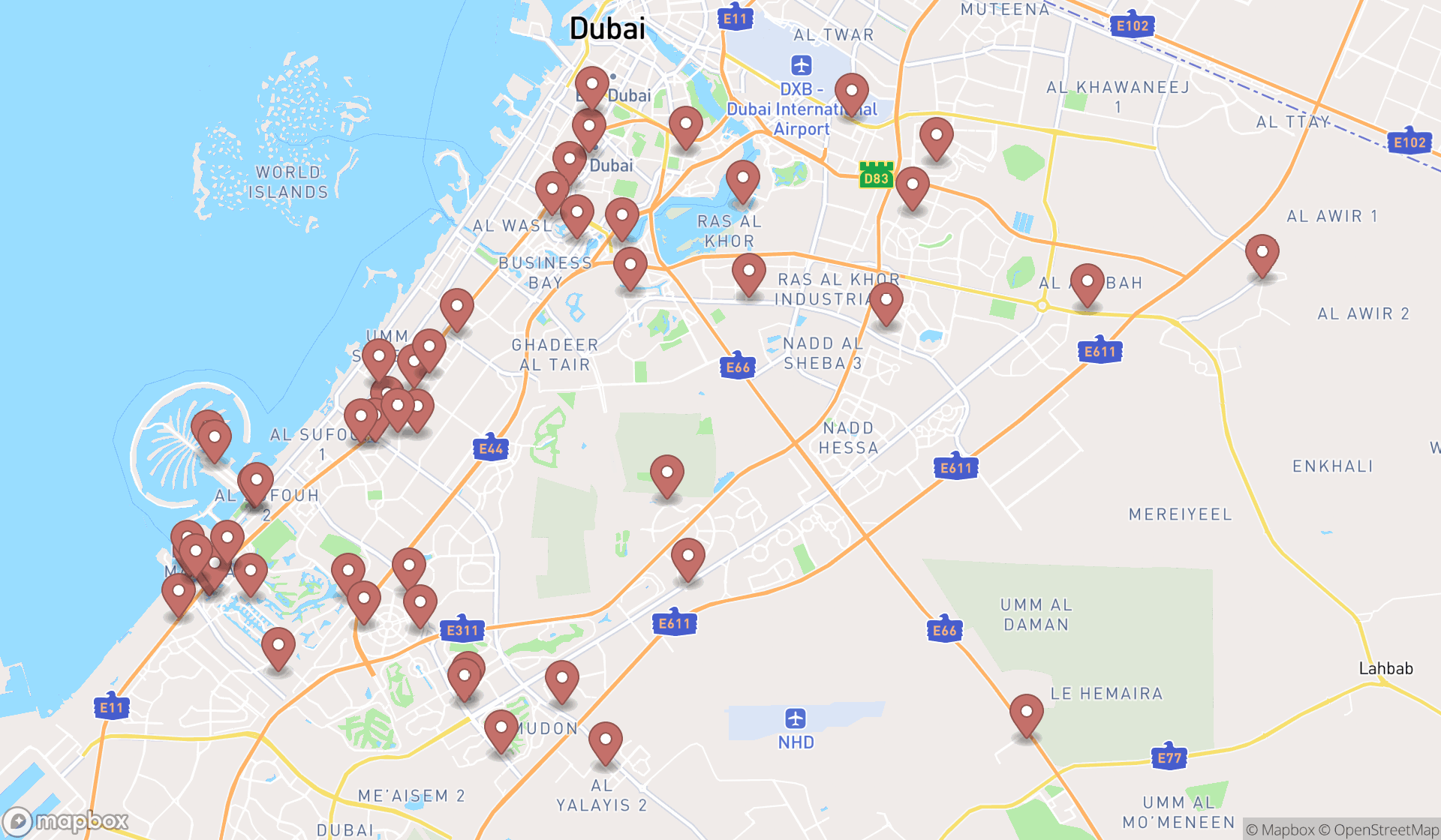 Map showing the search results in Dubai
