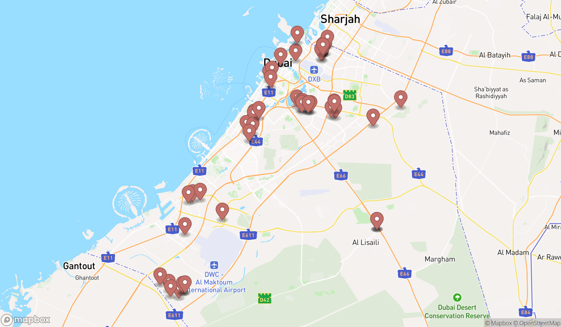 Map showing the search results in Dubai
