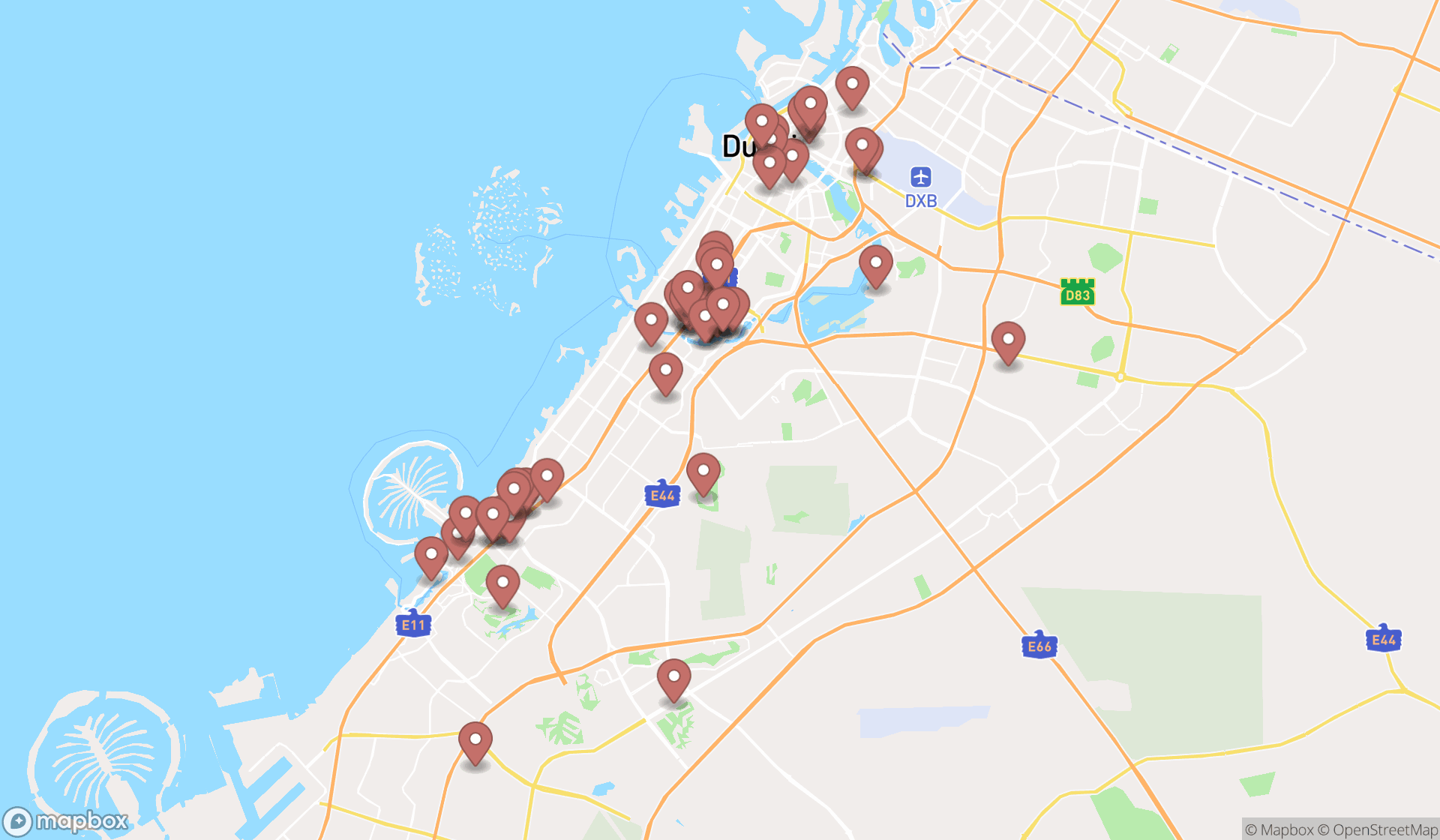 Map showing the search results in Dubai