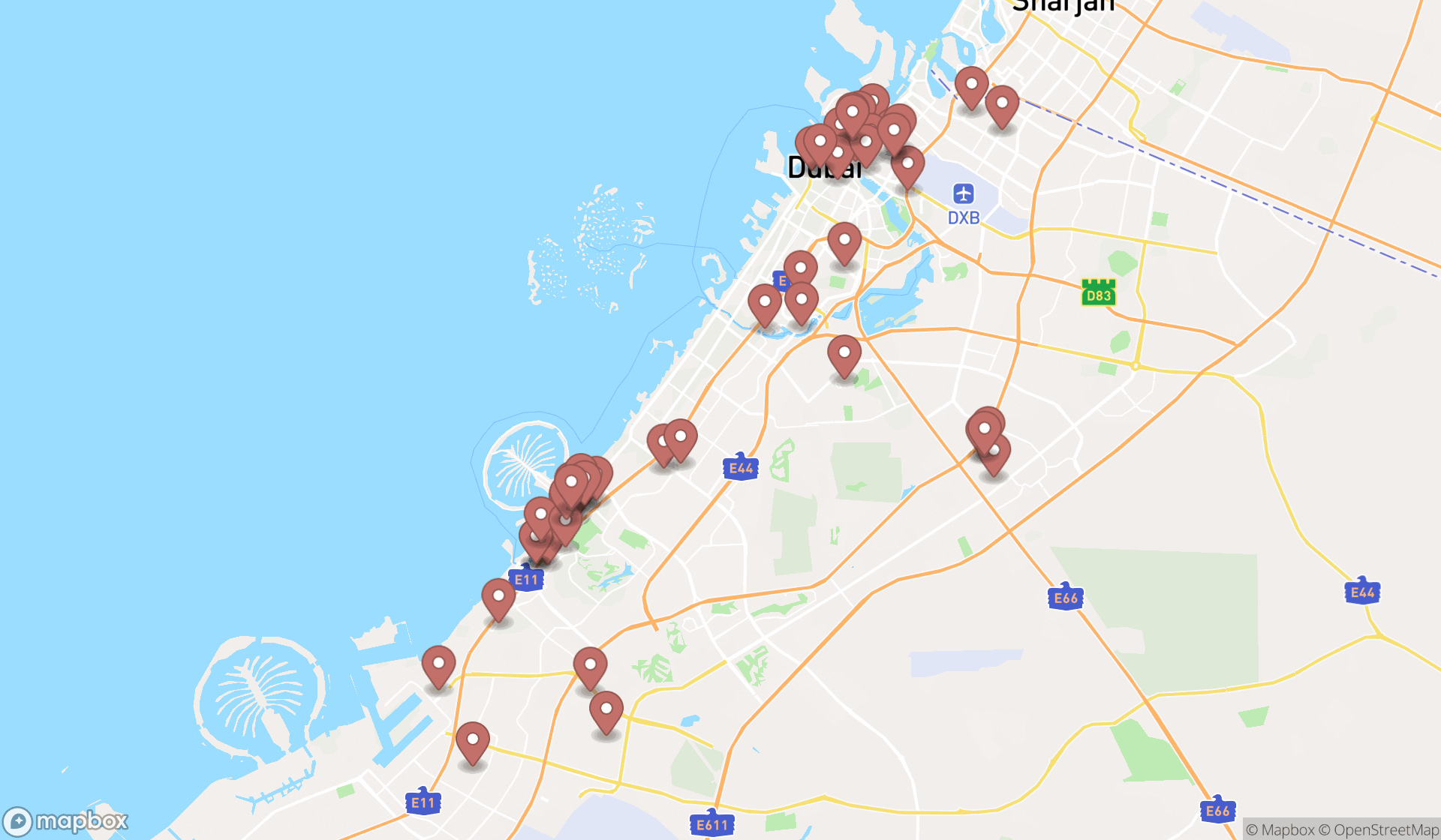 Map showing the search results in Dubai