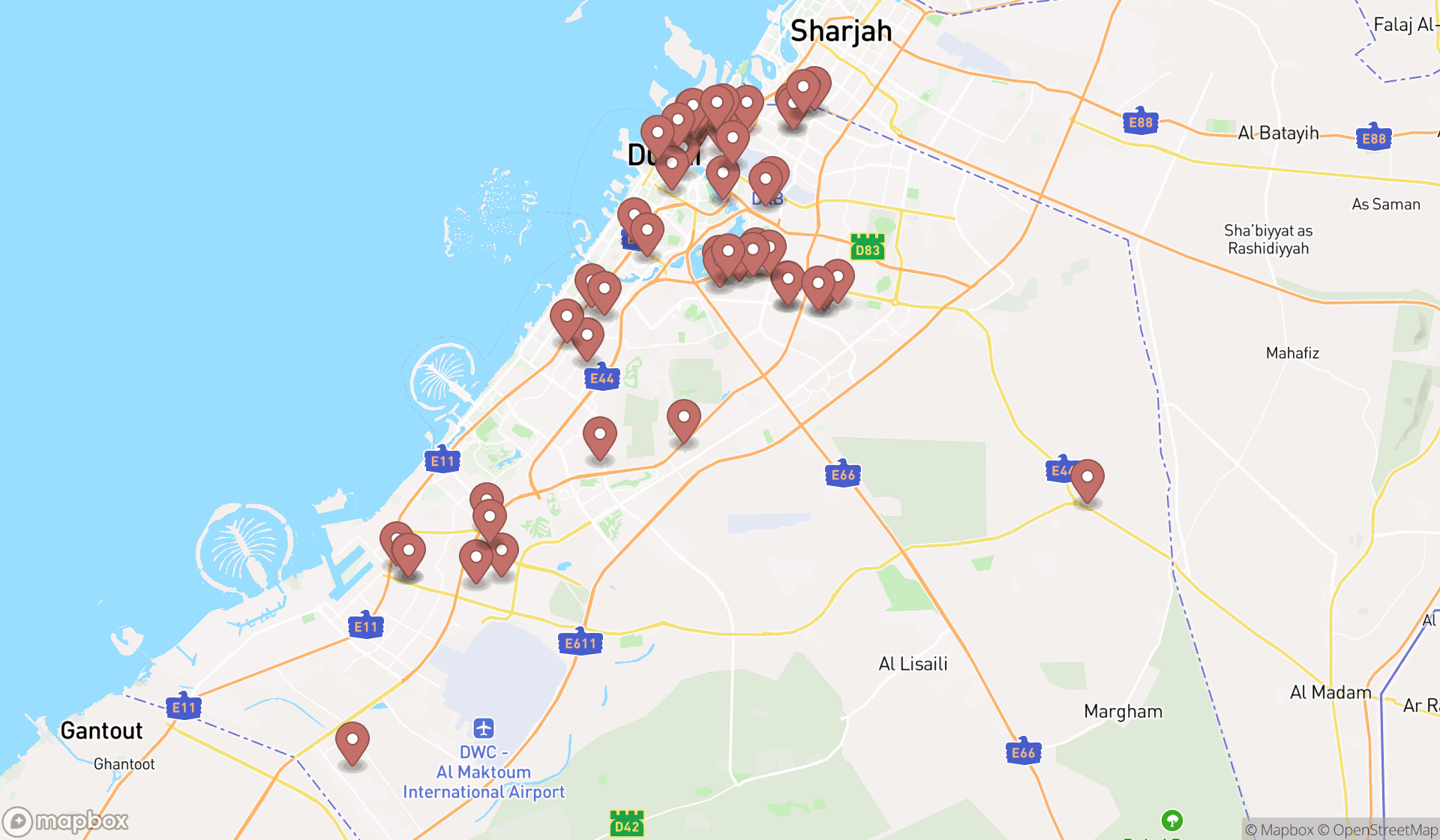 Map showing the search results in Dubai