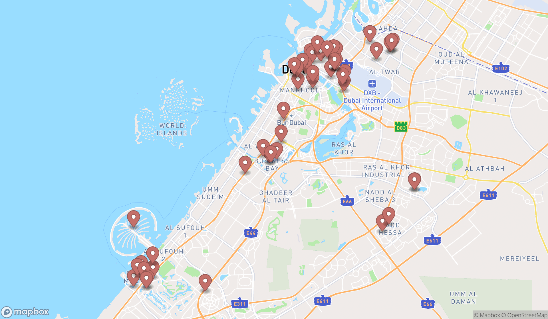Map showing the search results in Dubai