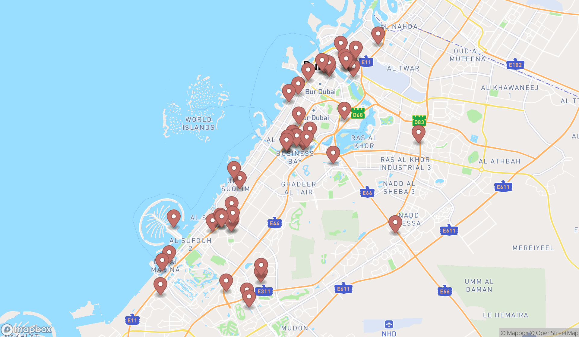 Map showing the search results in Dubai