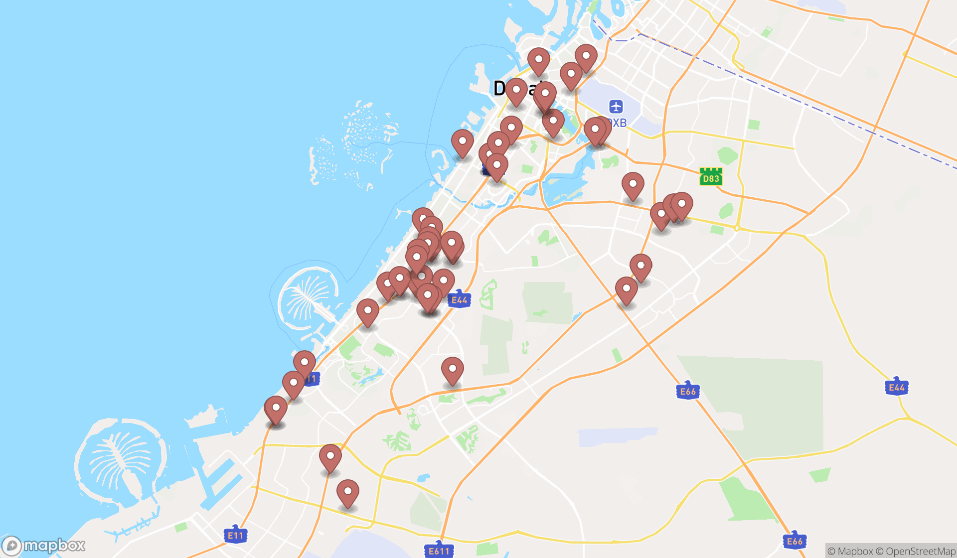 Map showing the search results in Dubai