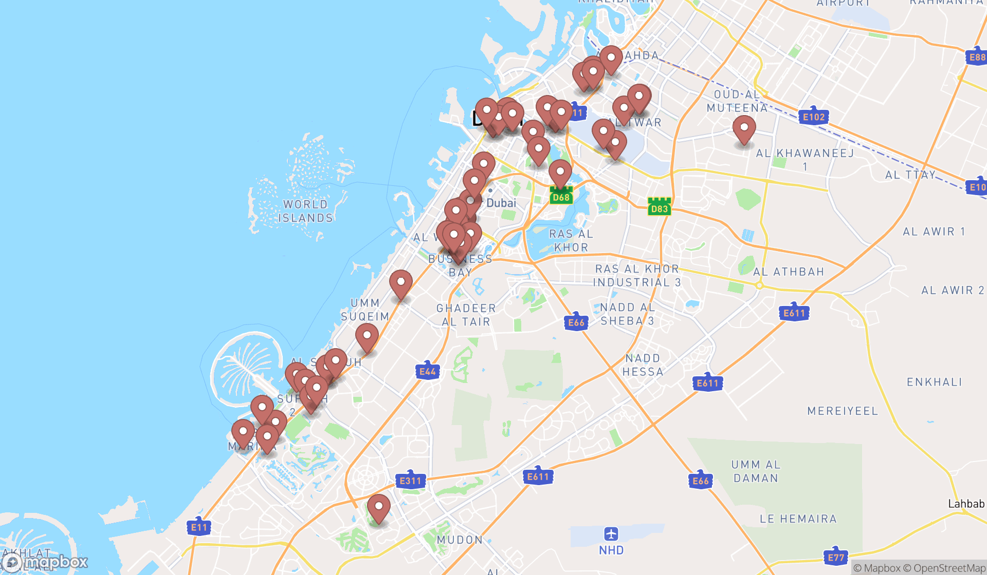 Map showing the search results in Dubai