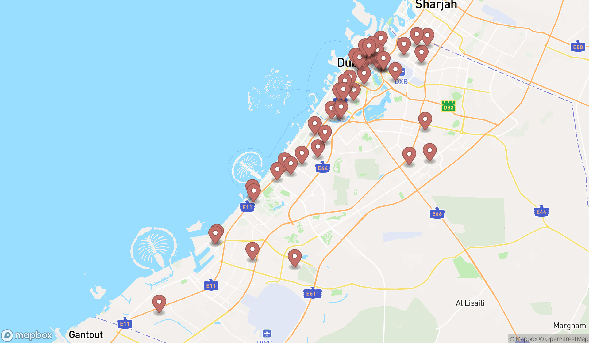 Map showing the search results in Dubai
