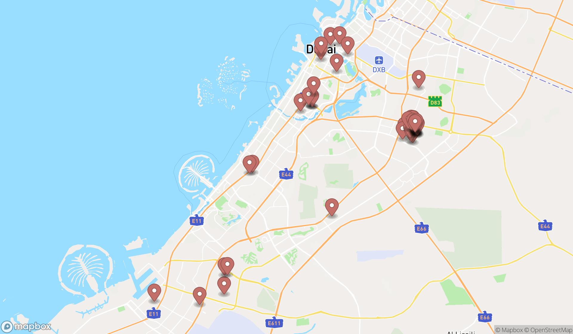 Map showing the search results in Dubai