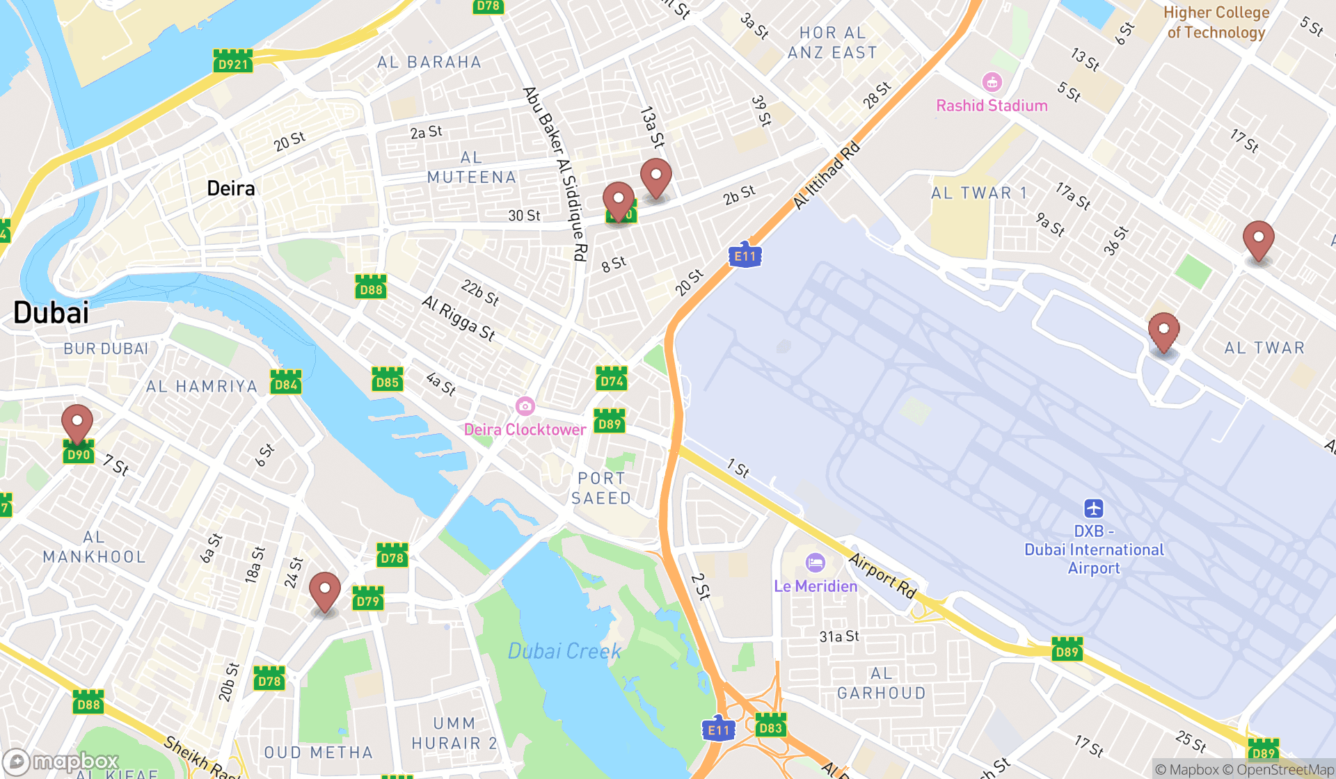 Map showing the search results in Dubai