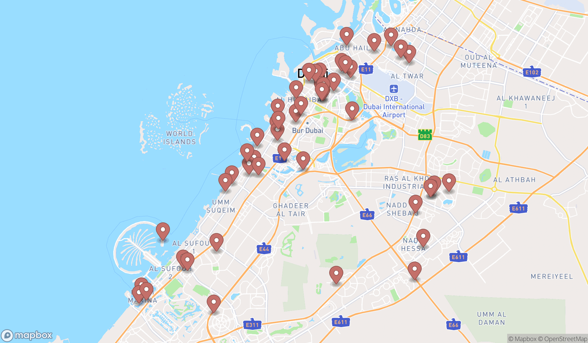 Map showing the search results in Dubai