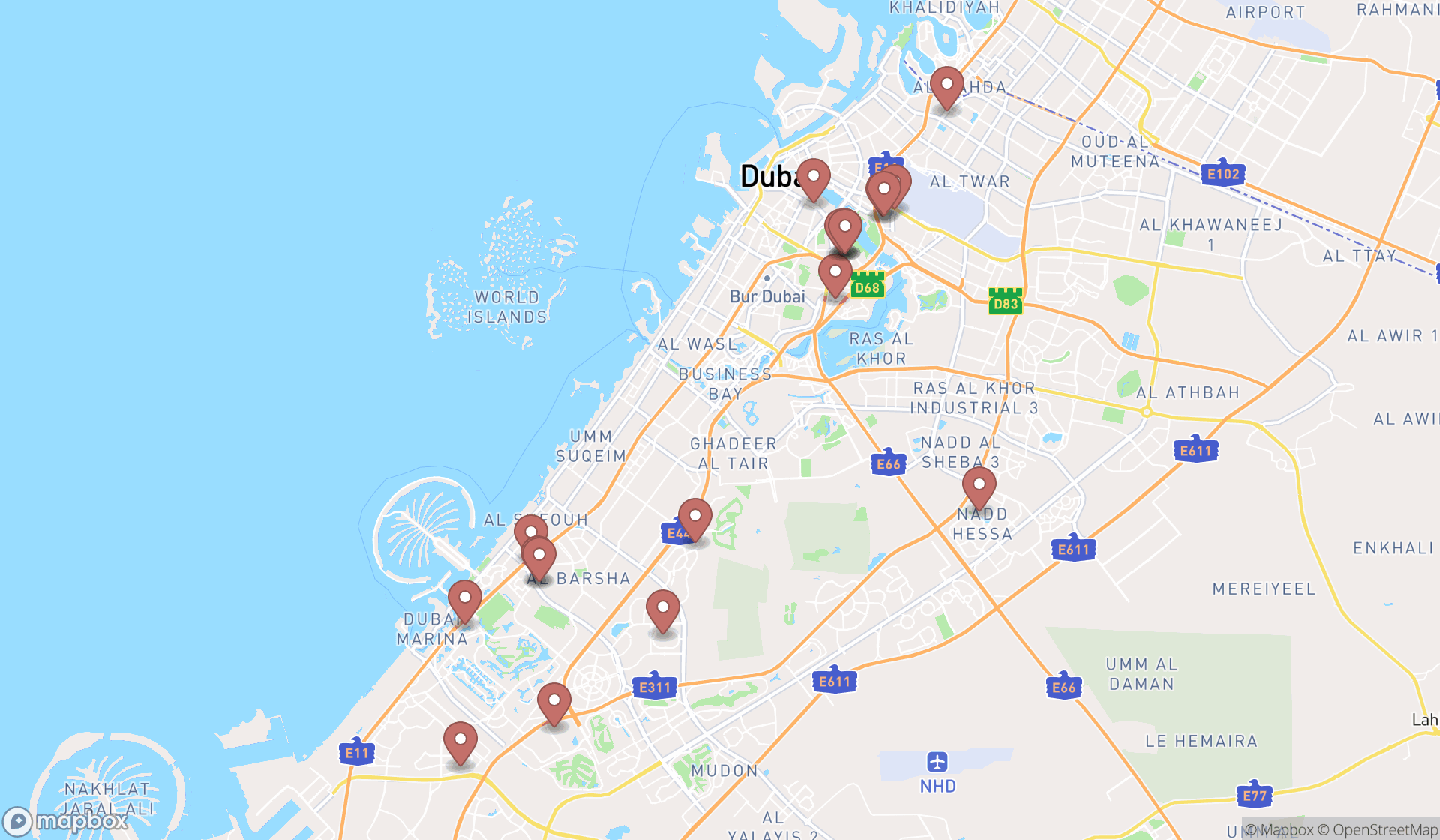Map showing the search results in Dubai