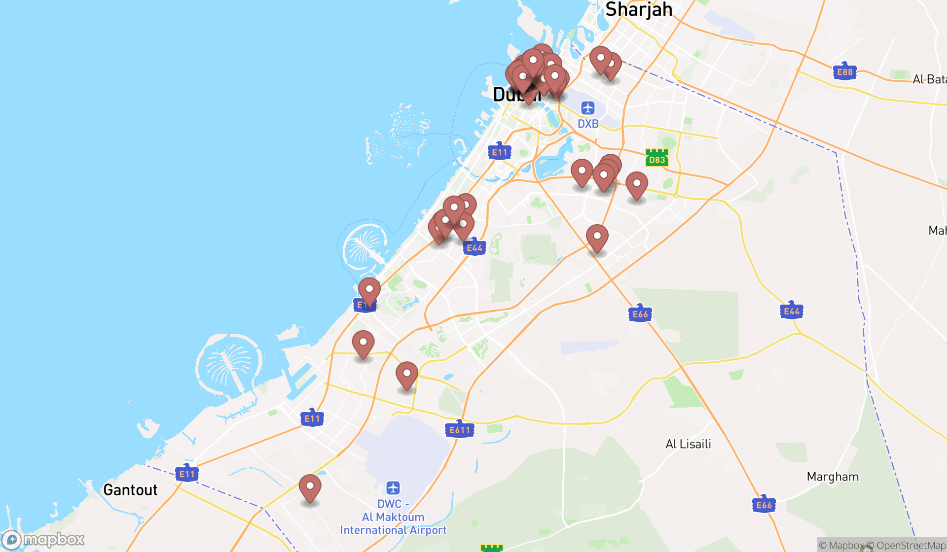 Map showing the search results in Dubai