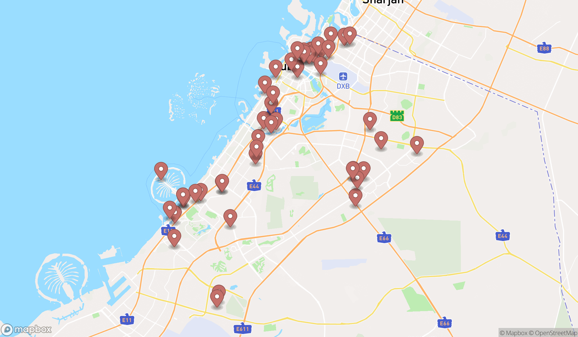 Map showing the search results in Dubai