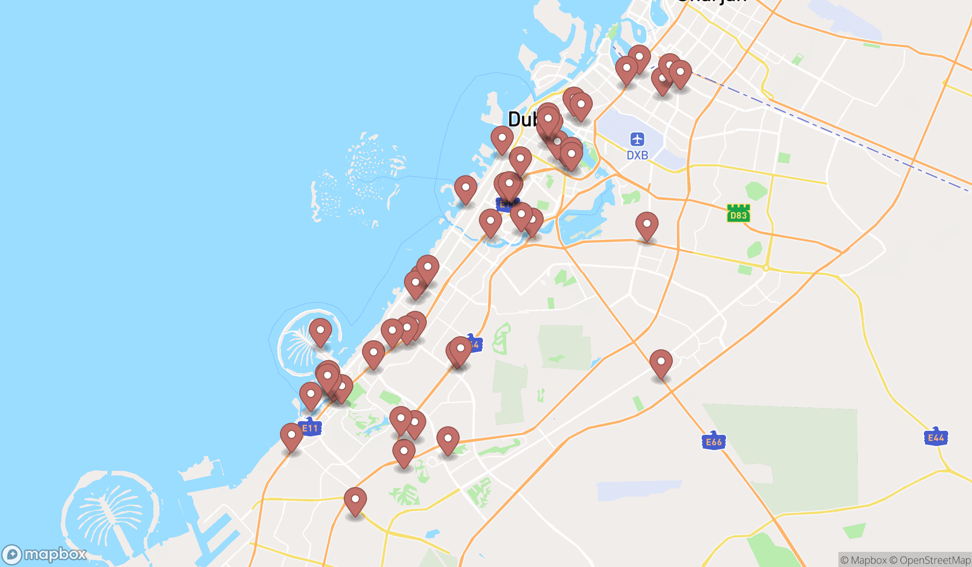 Map showing the search results in Dubai